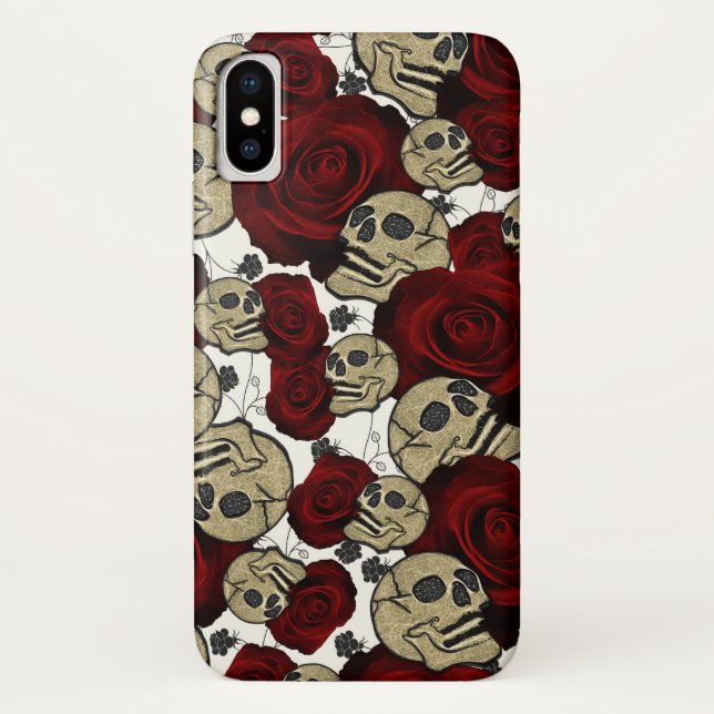 Red Roses & Skulls Black Floral Gothic White Case-Mate iPhone Case (Back)