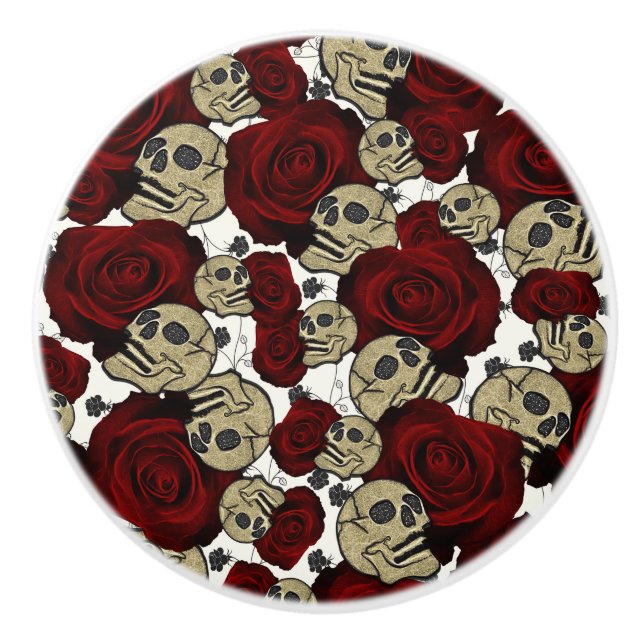 Red Roses & Skulls Black Floral Gothic White Ceramic Knob (Front)