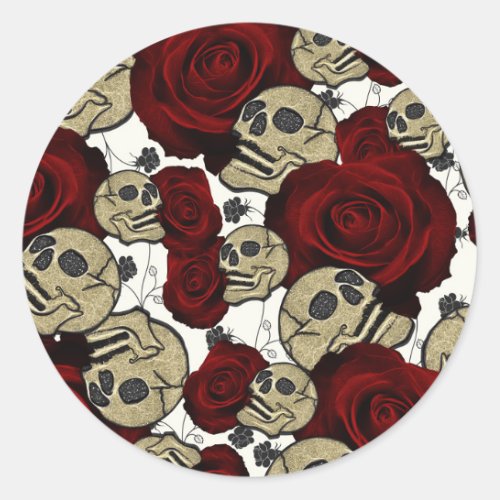 Red Roses  Skulls Black Floral Gothic White Classic Round Sticker