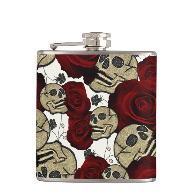 Red Roses & Skulls Black Floral Gothic White Flask (Front)