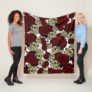 Red Roses & Skulls Black Floral Gothic White Fleece Blanket