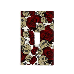 Red Roses & Skulls Black Floral Gothic White Light Switch Cover