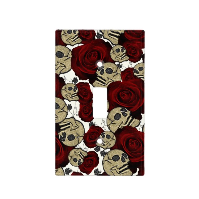 Red Roses & Skulls Black Floral Gothic White Light Switch Cover (Front)