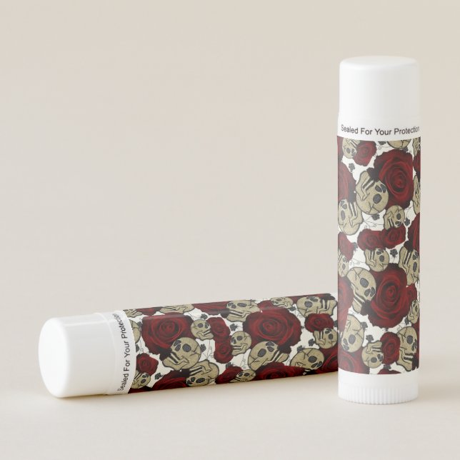 Red Roses & Skulls Black Floral Gothic White Lip Balm (Front)