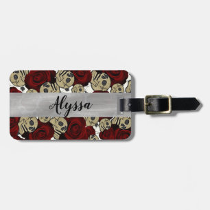 Red Roses & Skulls Black Floral Gothic White Luggage Tag
