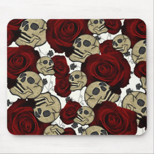 Red Roses & Skulls Black Floral Gothic White Mouse Pad