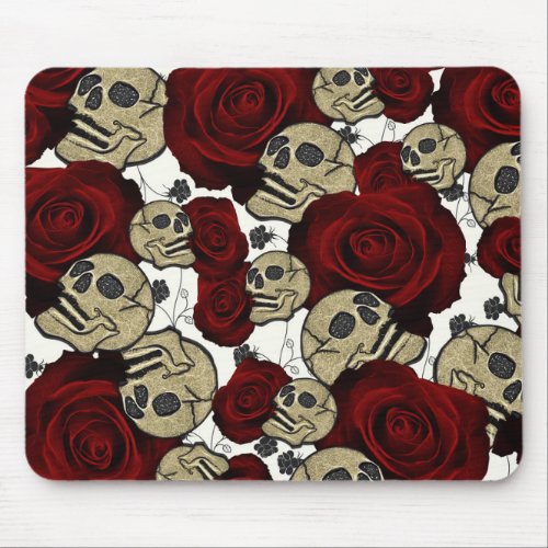 Red Roses  Skulls Black Floral Gothic White Mouse Pad