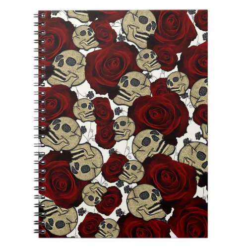 Red Roses  Skulls Black Floral Gothic White Notebook