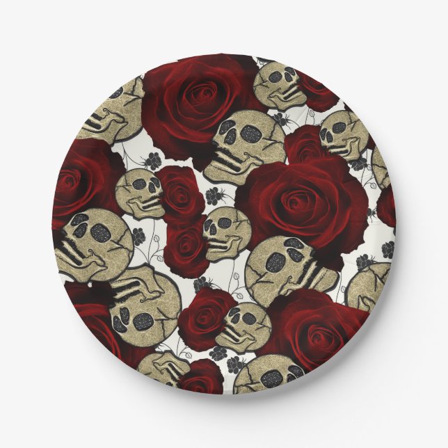 Red Roses & Skulls Black Floral Gothic White Paper Plates (Front)