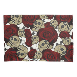 Red Roses & Skulls Black Floral Gothic White Pillow Case