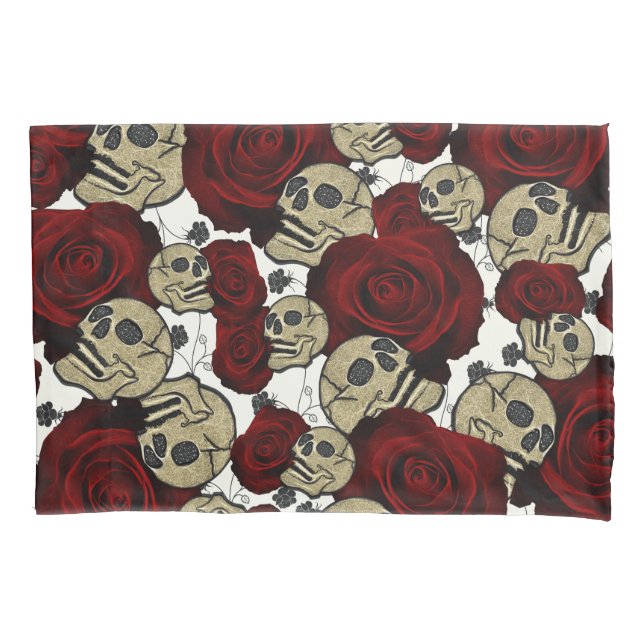 Red Roses & Skulls Black Floral Gothic White Pillow Case (Front)