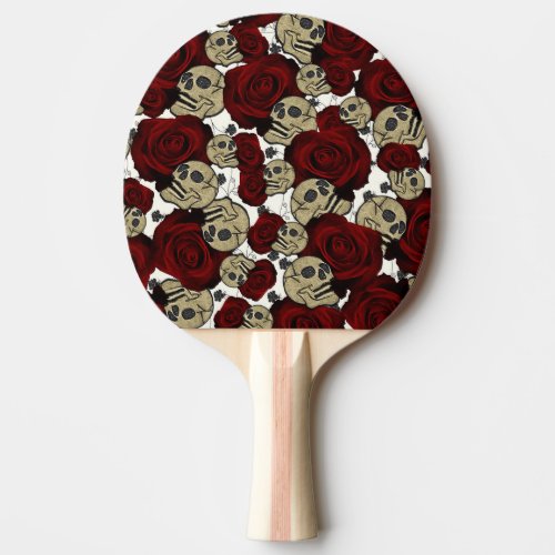 Red Roses  Skulls Black Floral Gothic White Ping Pong Paddle