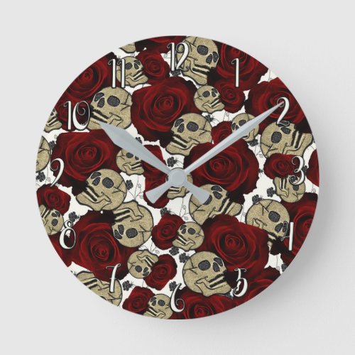 Red Roses  Skulls Black Floral Gothic White Round Clock