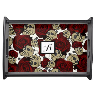 Red Roses & Skulls Black Floral Gothic White Serving Tray