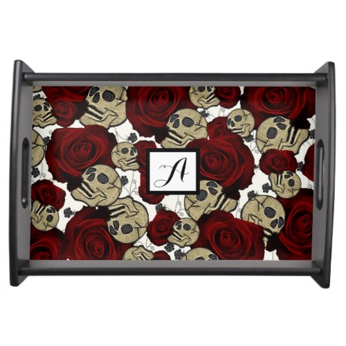 Red Roses  Skulls Black Floral Gothic White Serving Tray