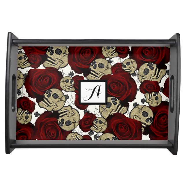 Red Roses & Skulls Black Floral Gothic White Serving Tray (Front)