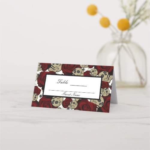 Red Roses  Skulls Black Floral Gothic White Table Place Card