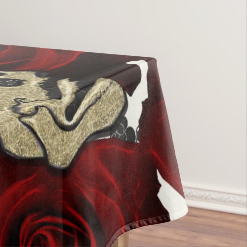 Red Roses  Skulls Black Floral Gothic White Tablecloth