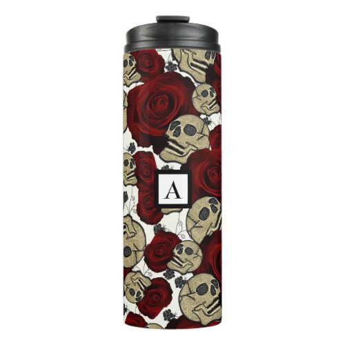 Red Roses  Skulls Black Floral Gothic White Thermal Tumbler