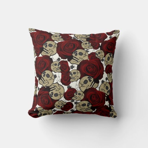 Red Roses  Skulls Black Floral Gothic White Throw Pillow