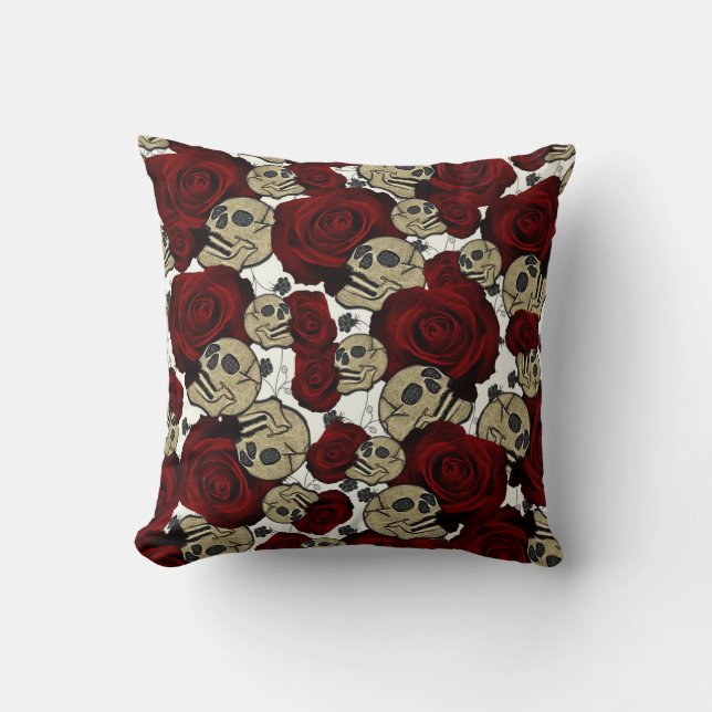 Red Roses & Skulls Black Floral Gothic White Throw Pillow (Front)