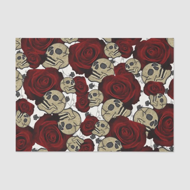 Red Roses & Skulls Black Floral Gothic White Tissue Paper (Front)