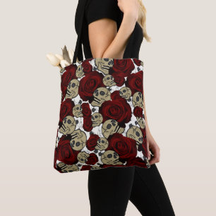 Red Roses & Skulls Black Floral Gothic White Tote Bag
