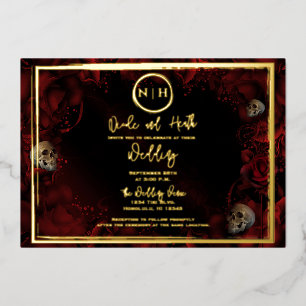 Red Roses Skulls Dark Floral Wedding Photo Gold Foil Invitation