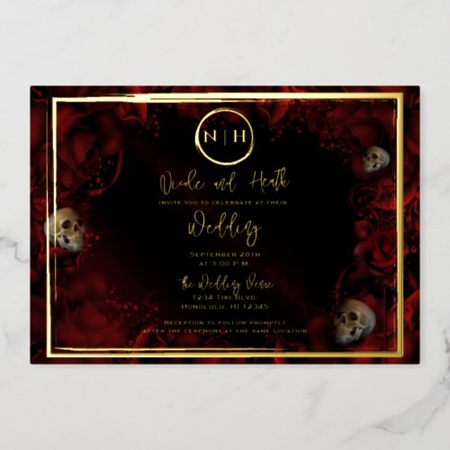 Red Roses Skulls Dark Floral Wedding Photo Gold Foil Invitation