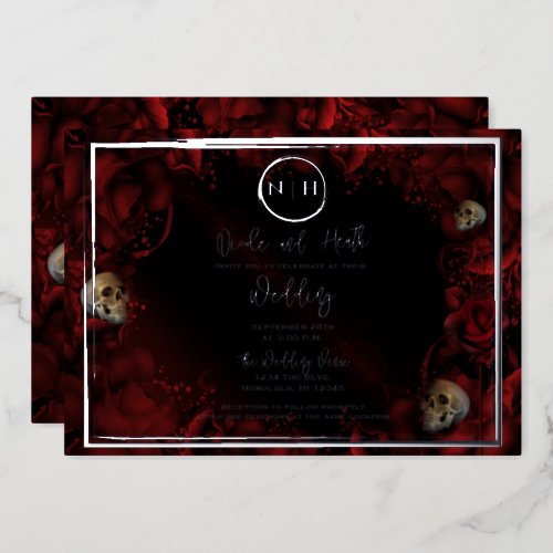 Red Roses Skulls Dark Floral Wedding Photo Silver Foil Invitation