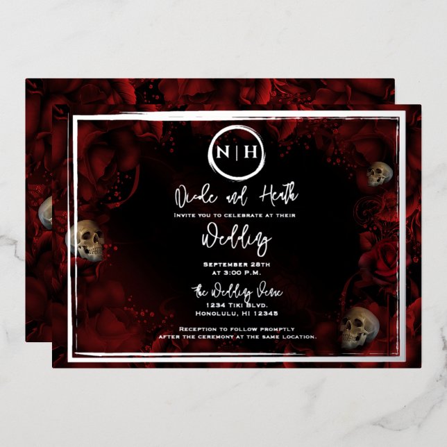 Red Roses Skulls Dark Floral Wedding Photo Silver Foil Invitation (Front/Back)