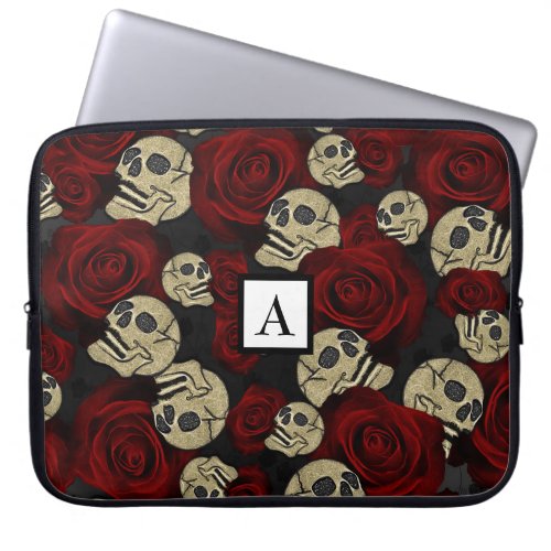 Red Roses  Skulls Gray Black Floral Gothic Laptop Sleeve
