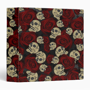 Red Roses & Skulls Grey Black Floral Gothic 3 Ring Binder