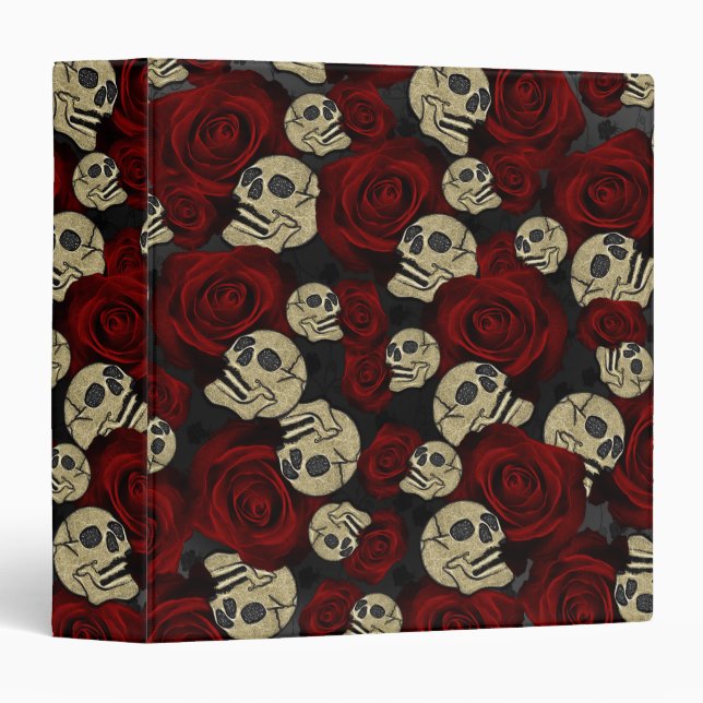 Red Roses & Skulls Grey Black Floral Gothic 3 Ring Binder (Front/Spine)