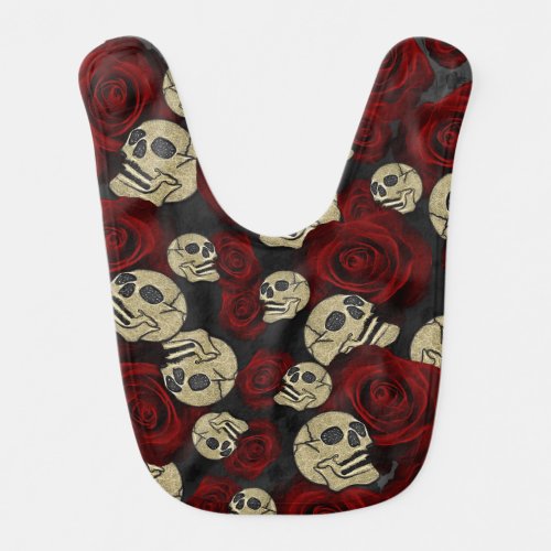 Red Roses  Skulls Grey Black Floral Gothic Baby Bib