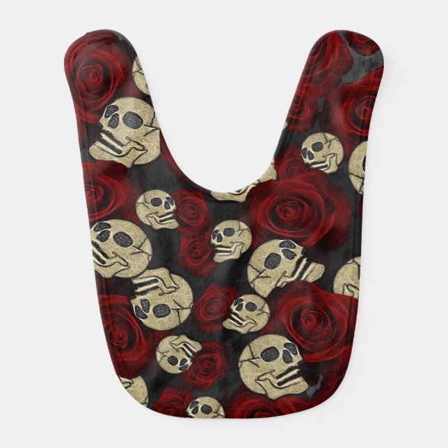 Red Roses & Skulls Grey Black Floral Gothic Baby Bib (Front)