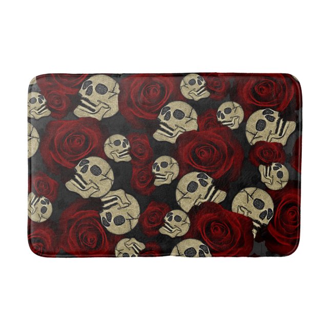 Red Roses & Skulls Grey Black Floral Gothic Bath Mat (Front)