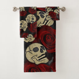 Red Roses &amp; Skulls Grey Black Floral Gothic Bath Towel Set