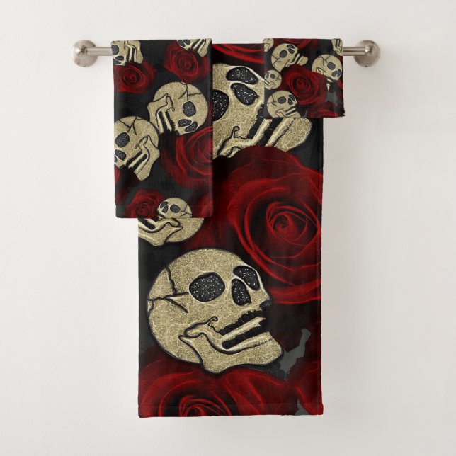 Red Roses & Skulls Grey Black Floral Gothic Bath Towel Set (Insitu)