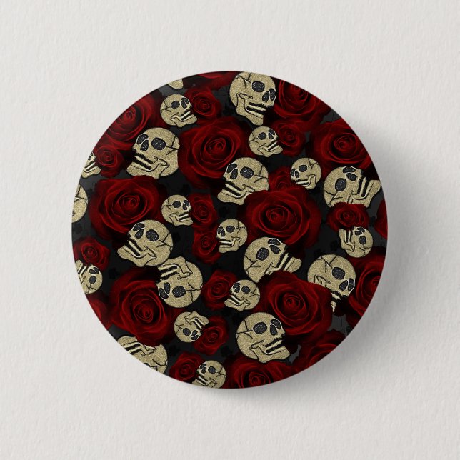 Red Roses & Skulls Grey Black Floral Gothic Button (Front)