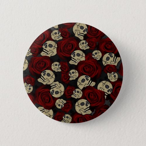 Red Roses  Skulls Grey Black Floral Gothic Button