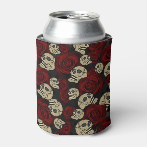 Red Roses  Skulls Grey Black Floral Gothic Can Cooler