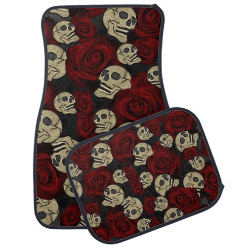 Red Roses  Skulls Grey Black Floral Gothic Car Floor Mat