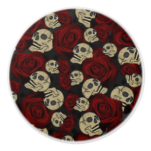 Red Roses & Skulls Grey Black Floral Gothic Ceramic Knob