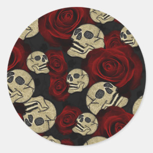 Red Roses & Skulls Grey Black Floral Gothic Classic Round Sticker