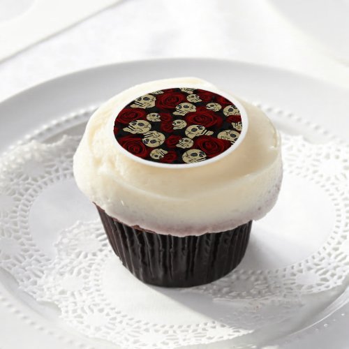 Red Roses  Skulls Grey Black Floral Gothic Edible Frosting Rounds