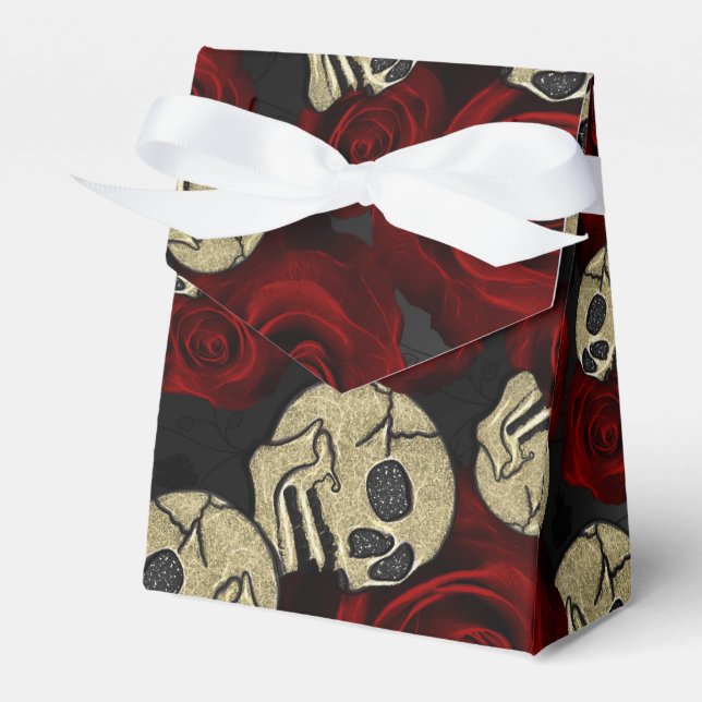 Red Roses & Skulls Grey Black Floral Gothic Favor Boxes (Front Side)