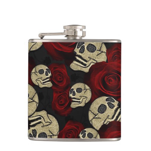 Red Roses  Skulls Grey Black Floral Gothic Flask