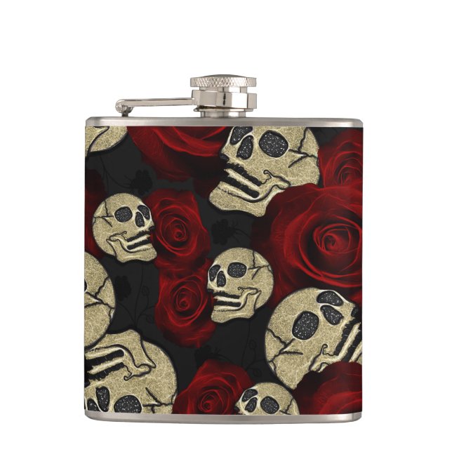 Red Roses & Skulls Grey Black Floral Gothic Flask (Front)