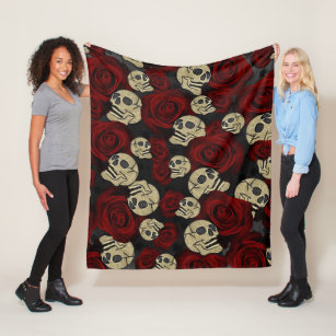 Red Roses & Skulls Grey Black Floral Gothic Fleece Blanket